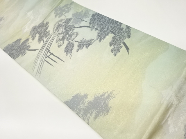 木・橋・寺に流水模様織出し袋帯